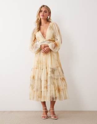 Lace & Beads Petite long sleeve midaxi dress in yellow floral print