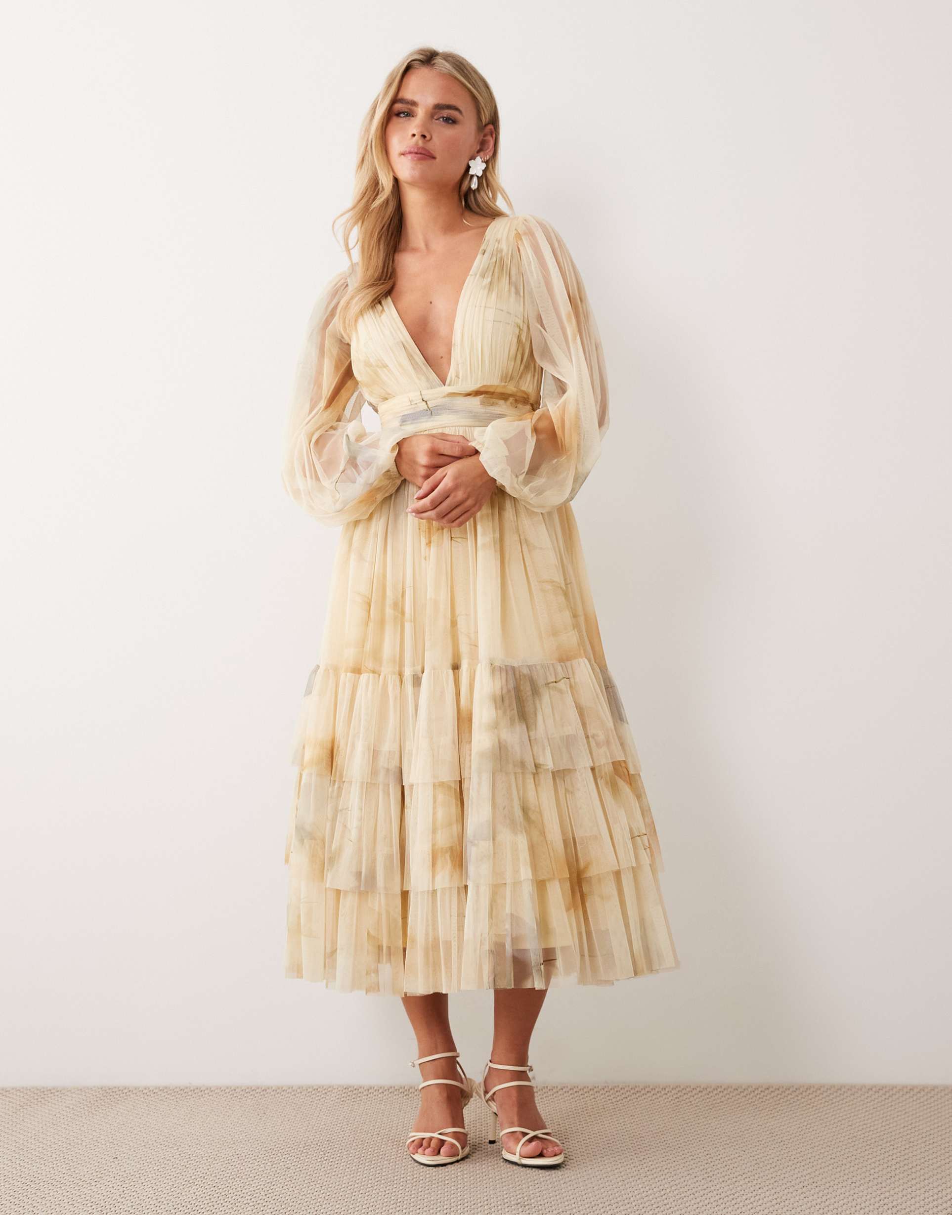 lace & beads petite long sleeve midaxi dress in yellow floral print