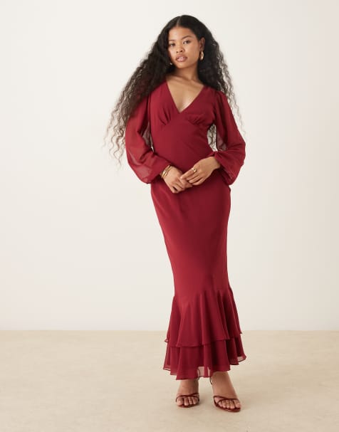 Lace & Beads Petite long sleeve ruffle hem maxi dress in raspberry