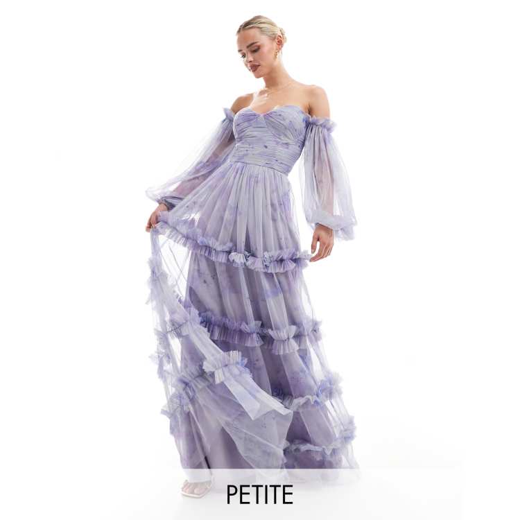 Lace & Beads Petite long sleeve ruffle maxi dress in soft lilac floral |  ASOS