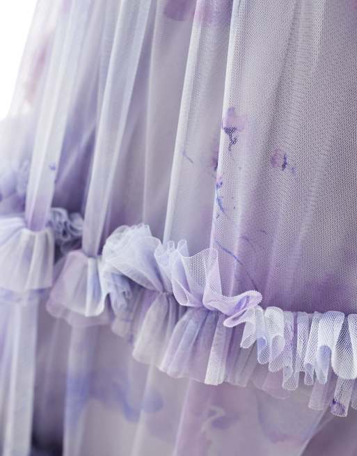 Lace & Beads Petite long sleeve ruffle maxi dress in soft lilac floral |  ASOS
