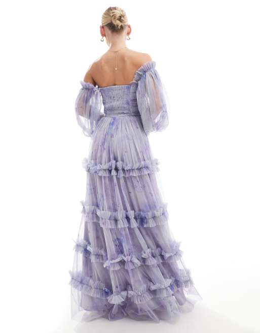 Off Shoulder Ruffles Soft Floral Long Maxi Dress