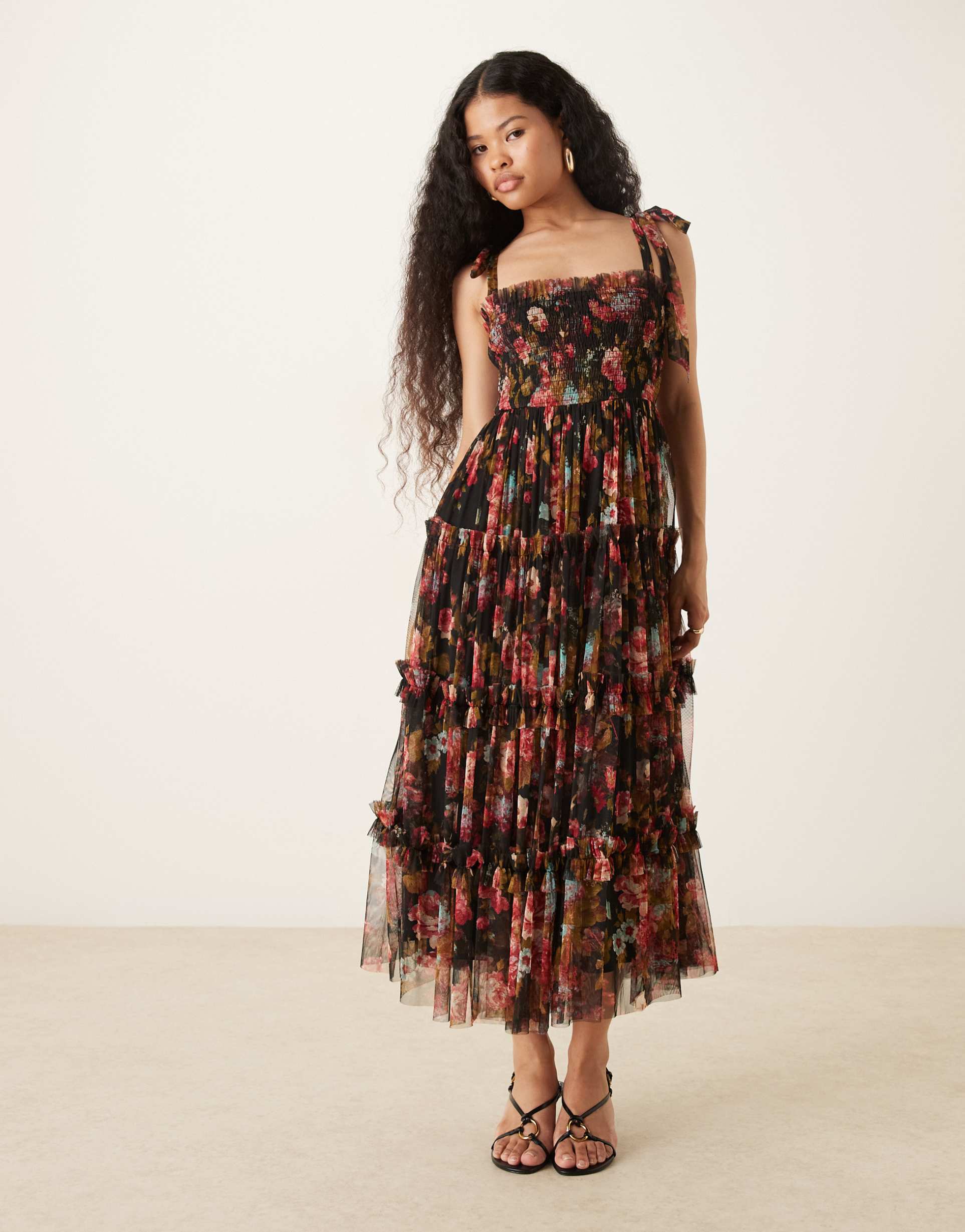 lace & beads petite louise bow shoulders tulle midi dress in black floral print