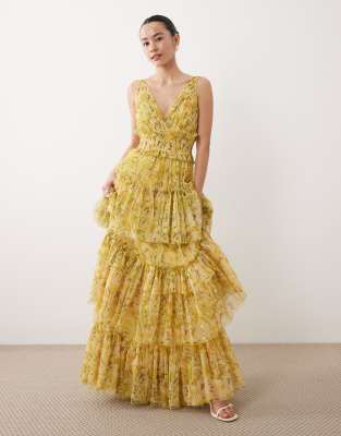 Lace & Beads Petite - Luna - Robe longue dos nu en tulle à volants - Jaune fleuri