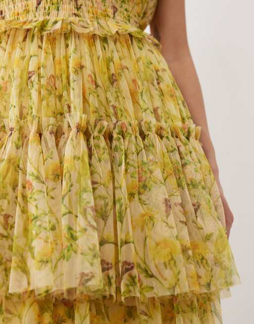 Lace & Beads Petite - Luna - Robe longue dos nu en tulle à volants - Jaune fleuri, 2 de 4