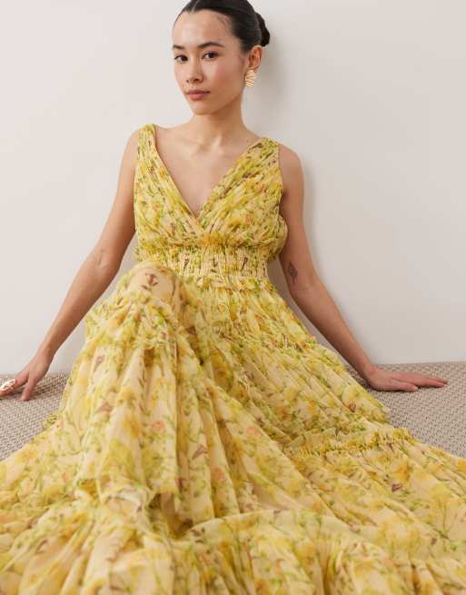 Lace & Beads Petite - Luna - Robe longue dos nu en tulle à volants - Jaune fleuri, 3 de 4