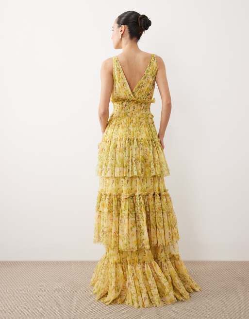 Lace & Beads Petite - Luna - Robe longue dos nu en tulle à volants - Jaune fleuri, 4 de 4