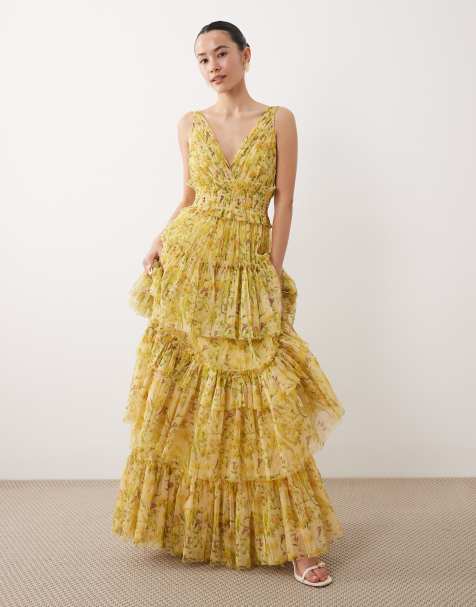 Lace & Beads Petite Luna tiered tulle maxi dress in yellow floral - view 1