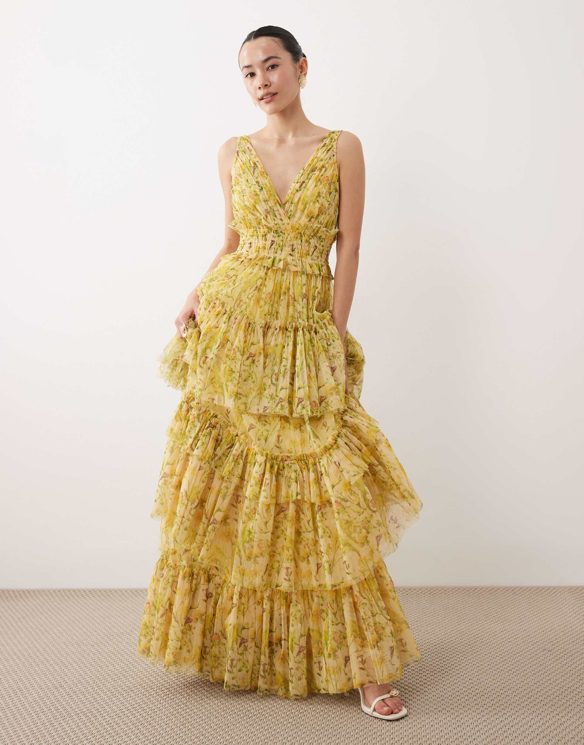 lace & beads petite luna tiered tulle maxi dress in yellow floral