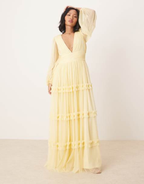 Lace & Beads Petite - Lysegul boho-maxikjole med flæser - view 1