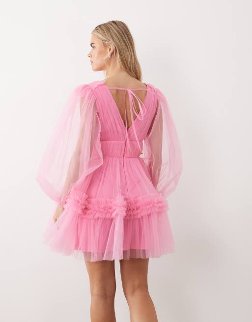 Lace & Beads Petite - Lyserød minikjole i organza med ballonærmer, 4 af 4