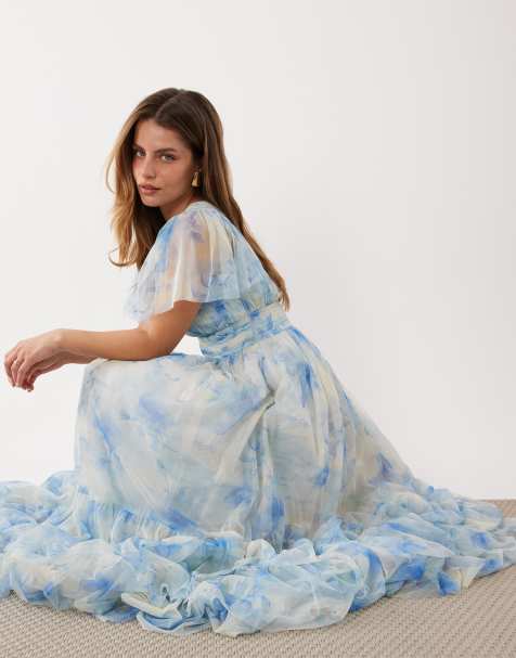 Lace & Beads Petite Madison smocked tulle flutter sleeve deep v maxi dress in soft blue bloom - view 1