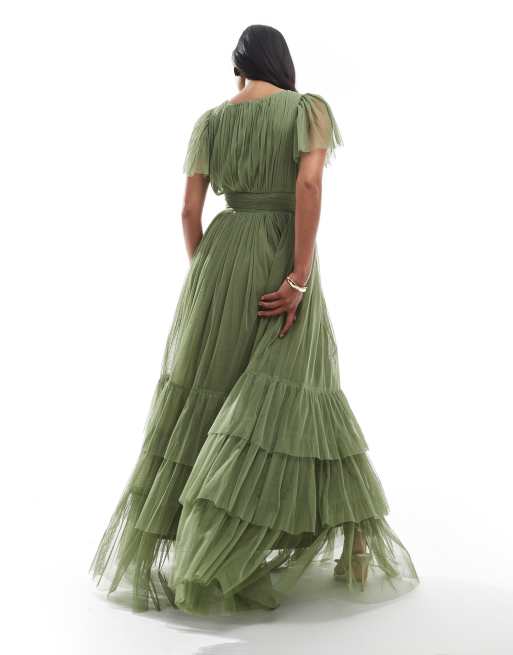 Lace & Beads Petite - Madison - Vestito lungo da damigella color oliva tenue, 3 di 4
