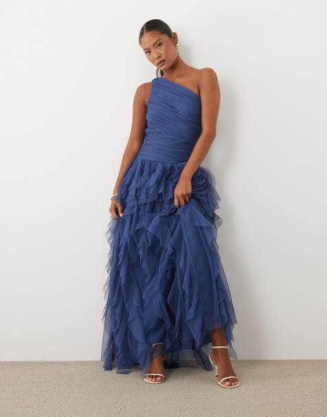 Lace & Beads Petite maxi jurk met blote schouder en watervalruche in leiblauw - view 1