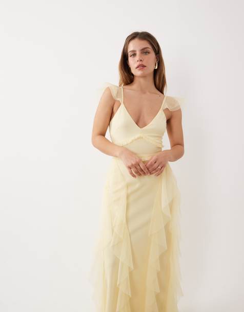 Lace & Beads Petite - Maxi jurk van tule met fladdermouwen en ruches in citroengeel - view 1