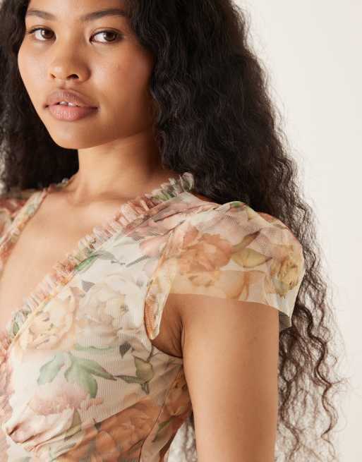 Lace & Beads - Petite - Maxi jurk van tule met ruches in bloemenprint, 3 van 4