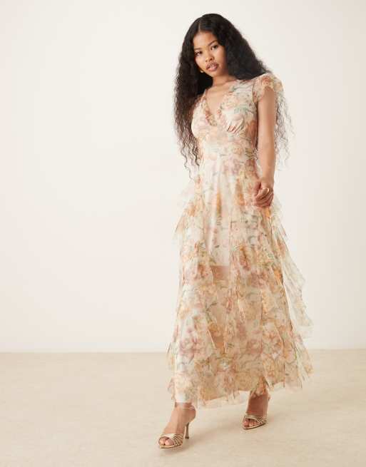 Lace & Beads - Petite - Maxi jurk van tule met ruches in bloemenprint, 4 van 4