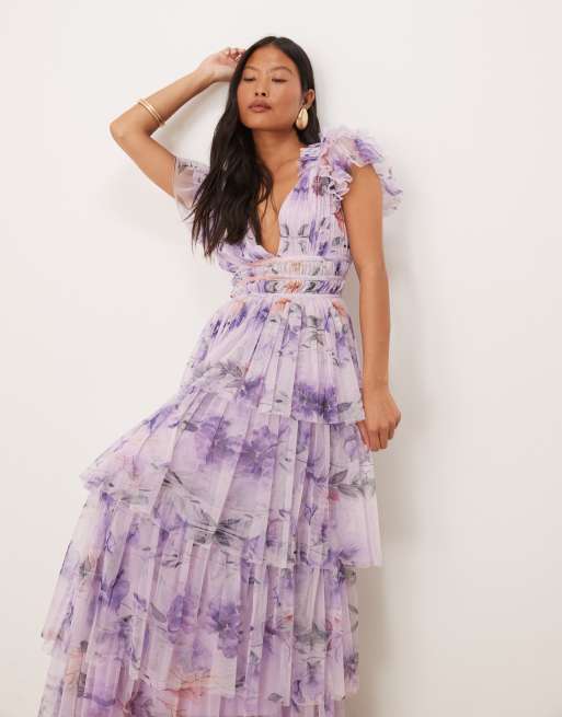 Lace & Beads Petite - Maxi jurk van tulle met ruches op de schouder en stroken in lila bloemenprint