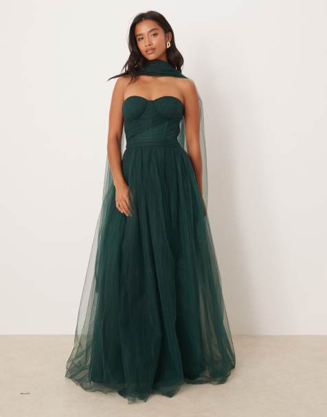 Lace & Beads Petite - Maxi-korsetjurk van tule met sjaal om de hals in bosgroen - view 1