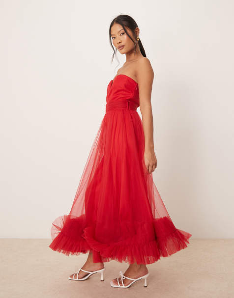 Lace & Beads Petite - Midaxi-korsetjurk van tule met ruches aan de zoom in rood - view 1