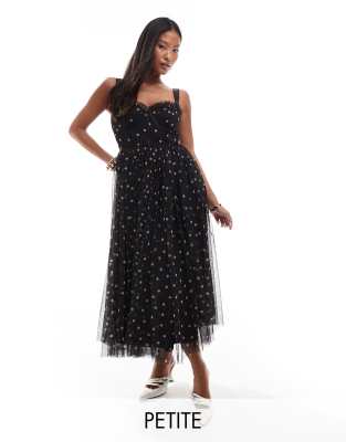 Lace & Beads Petite - Midikleid in Schwarz mit Punkten und Korsettoberteil