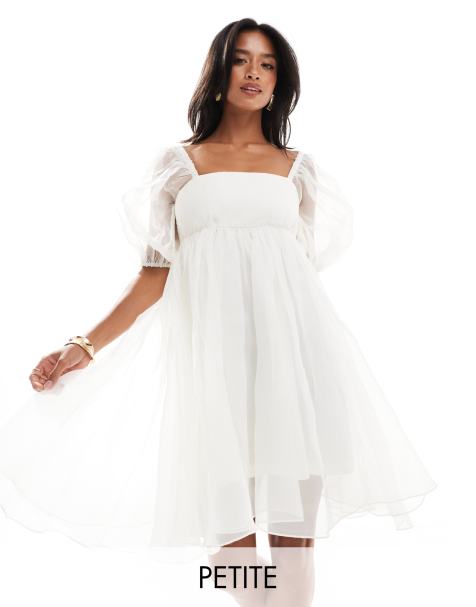 Lace & Beads Petite - Mini babydoll-jurk van organza met vierkante hals in ivoorwit - view 1