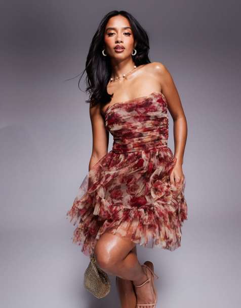 Lace & Beads Petite - Mini bandeaujurk van tule met ruches in roze bloemenprint - view 1