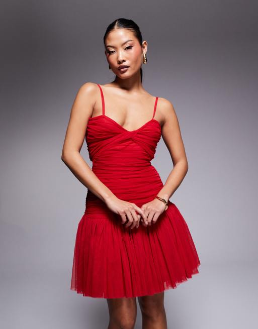 Lace Beads Petite Mini jurk van tule met ruches en strik op de