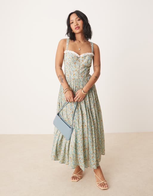 Lace & Beads Petite – Niebieska gorsetowa bawełniana sukienka midi w drobny kwiatowy wzór