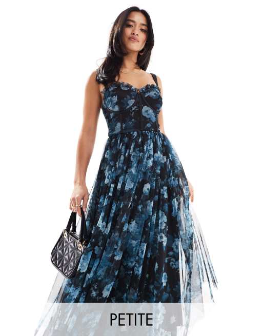 Lace & Beads Petite – Niebieska gorsetowa sukienka midi w kwiatowy wzór