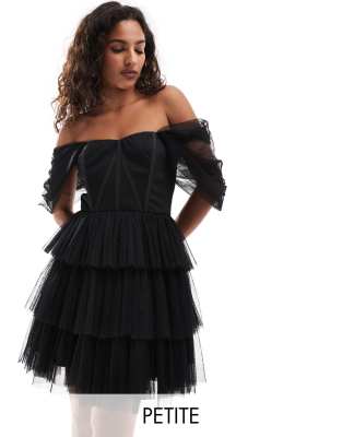 off shoulder corset tulle mini dress in black-Green