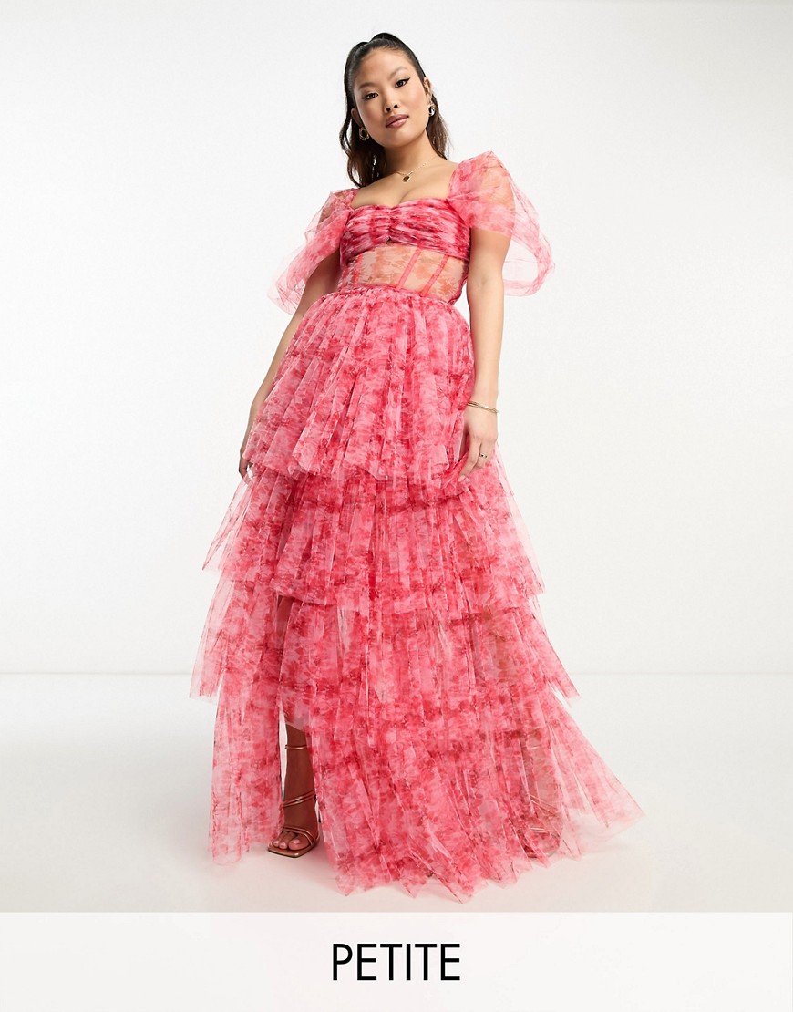 Lace & Beads Petite Off Shoulder Tulle Corset Maxi Dress In Pink And Red Floral