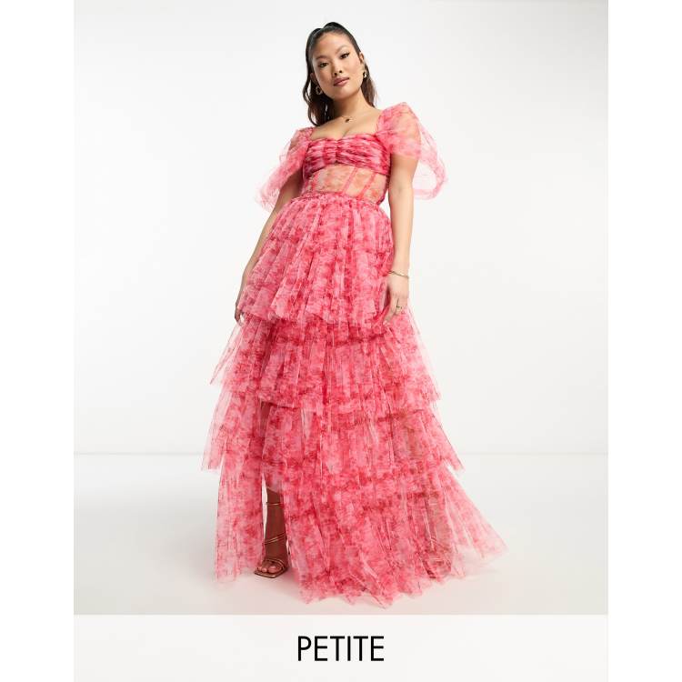 Lace & Beads Petite off shoulder tulle corset maxi dress in pink and red  floral