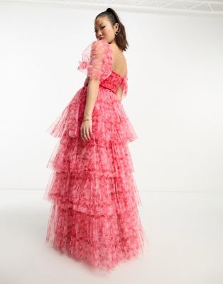 Lace & Beads Petite off shoulder tulle corset maxi dress in pink and red  floral