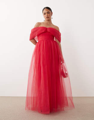 Lace & Beads Petite Off Shoulder Tulle Maxi Dress In Red