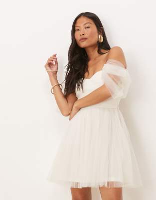 off the shoulder tulle mini dress in ivory-White