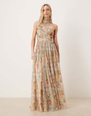 Lace & Beads Petite one shoulder scarf neck maxi dress in soft brown floral