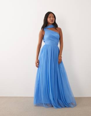 Lace & Beads Petite One Shoulder Scarf Neck Maxi Dress In Blue