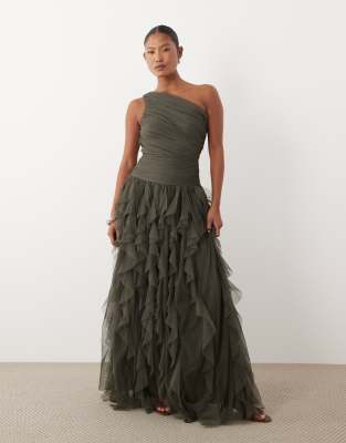 Lace & Beads Petite One Shoulder Waterfall Ruffle Maxi Dress In Green