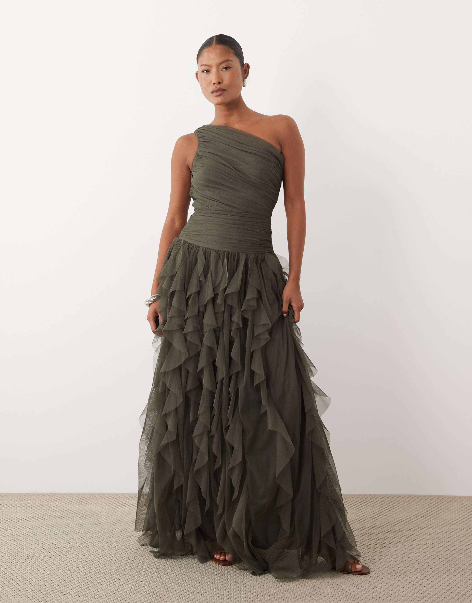 lace & beads petite one shoulder waterfall ruffle maxi dress in dark olive