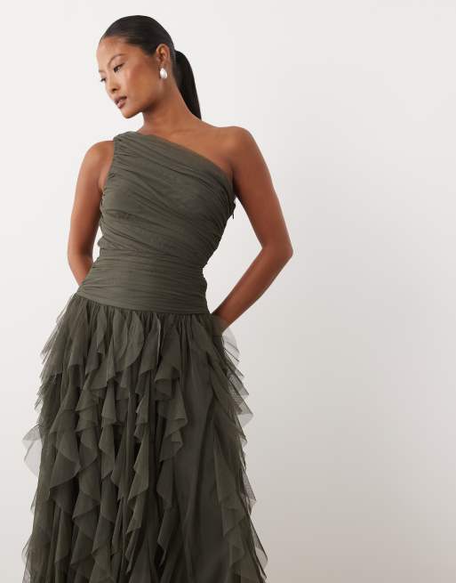 Lace & Beads Petite one shoulder waterfall ruffle maxi dress in dark olive, 3 of 4