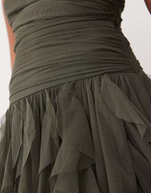 Lace & Beads Petite one shoulder waterfall ruffle maxi dress in dark olive, 4 of 4