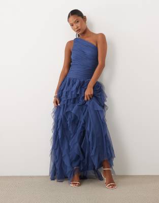 Lace & Beads Petite One Shoulder Waterfall Ruffle Maxi Dress In Blue