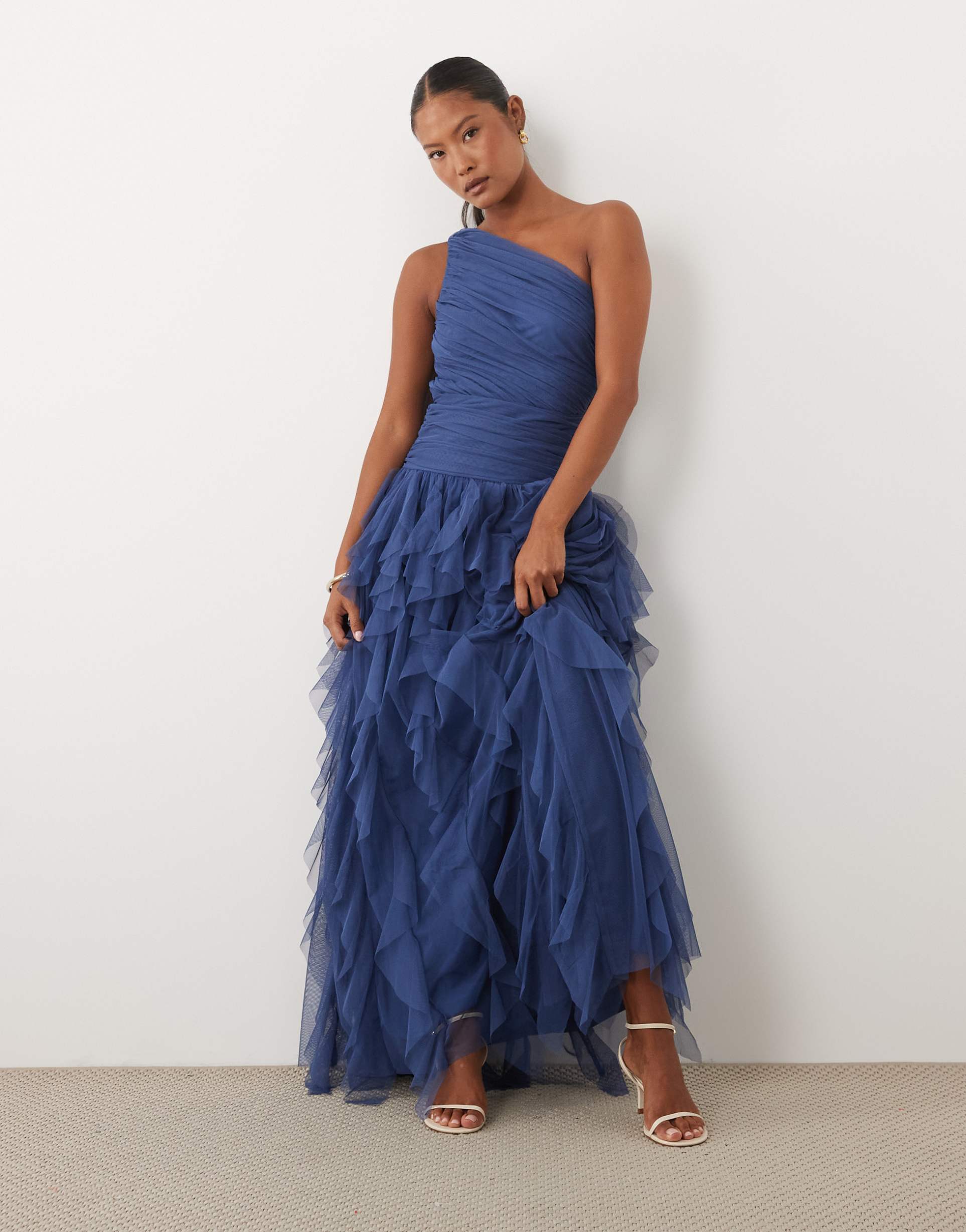 lace & beads petite one shoulder waterfall ruffle maxi dress in slate blue