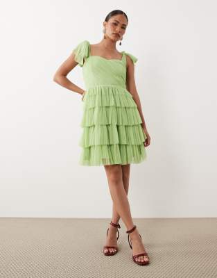 Lace & Beads Petite Ophelia Tie Sleeve Ruched Tiered Mini Dress In Green