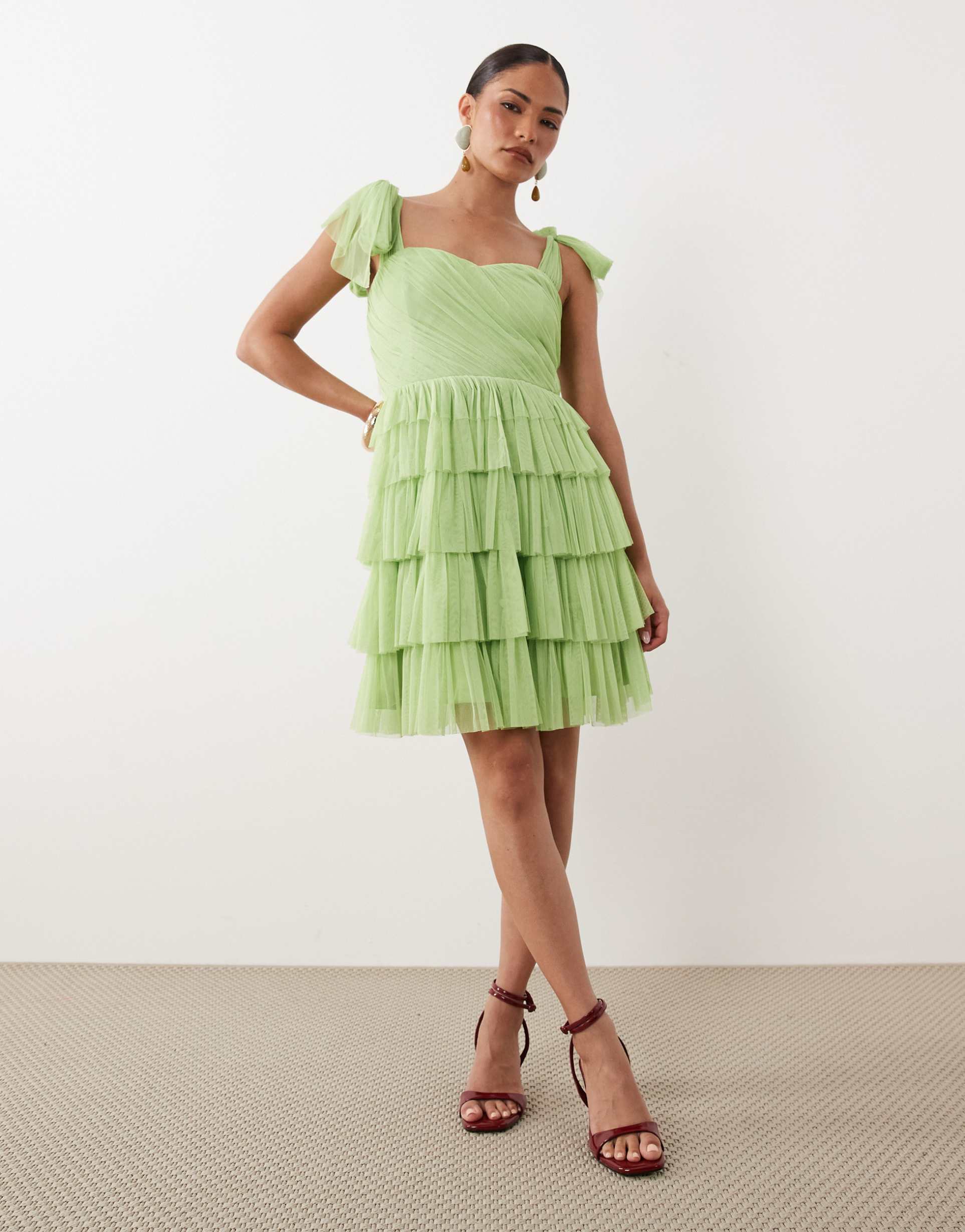 lace & beads petite ophelia tie sleeve ruched tiered mini dress in light green