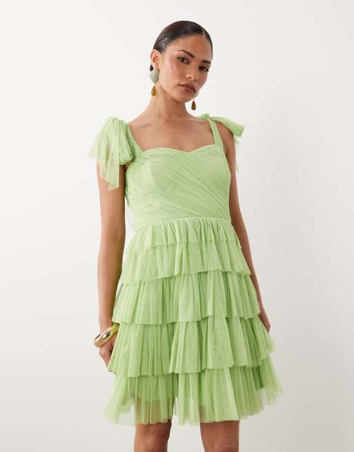 Lace & Beads Petite Ophelia tie sleeve ruched tiered mini dress in light green , 3 of 4