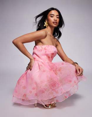 Lace & Beads Petite Organza Babydoll Micro Mini Dress In Pink