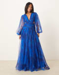 [Lace & Beads Petite] Lace & Beads Petite plunge drop hem tulle maxi dress in cobalt-Blue 4 Cobalt