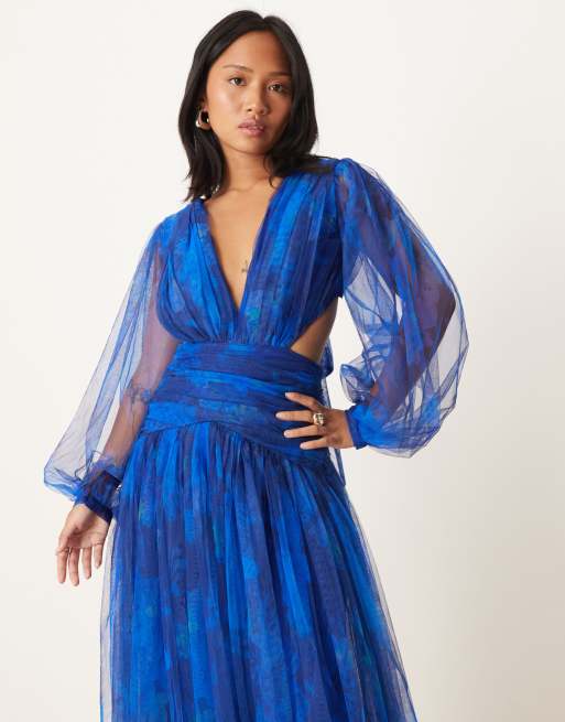 Lace & Beads Petite plunge drop hem tulle maxi dress in cobalt